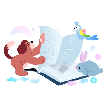 A playful puppy is pawing at the pages of an open book, its tail wagging enthusiastically. Next to the puppy, a curious kitten is playfully batting at the pages with its paws, its body arched in excitement. A small bunny is nestled beside the book, its ears perked up as it curiously observes the words on the pages. A colorful parakeet is perched on the edge of the book, its head tilted as if trying to read. Scattered around the book are some toys and a few pieces of loose paper. The scene is filled with a lighthearted atmosphere of exploration and curiosity.