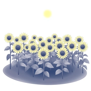 A vast field filled with tall sunflowers. Each sunflower stands with its large yellow petals open wide, showcasing a dark center. The flowers are arranged in neat rows, stretching towards a bright sun high in the sky. The sunflowers sway slightly as if reacting to a gentle breeze, and the ground is dotted with green leaves contrasting the dark soil. The overall scene captures the grandeur of nature and the beauty of the sunflowers in their natural habitat.