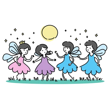 A group of five small faeries with iridescent wings is dancing in a circle. Each faery is wearing a dress made of flower petals in shades of pink, purple, and blue. They are positioned in a moonlit glade, with soft, glowing light illuminating their features. The surrounding area is dotted with small, twinkling lights resembling fireflies, adding a magical ambiance to the scene. The ground is covered with lush green grass, and faint shadows of trees are visible in the background.