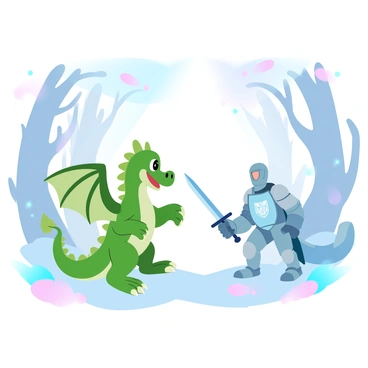 A cartoon dragon with bright green scales is standing on its hind legs, its wings spread wide. The dragon has large, cartoonish features, including exaggerated claws and a playful stance. Opposite the dragon is an illustrated knight, clad in shiny armor with a large shield emblazoned with a crest. The knight is holding a sword, prepared for a duel. Surrounding them is a magical forest filled with tall trees that have colorful leaves and whimsical plants, creating a vibrant atmosphere. Beams of light filter through the canopy, adding a mystical touch to the scene.