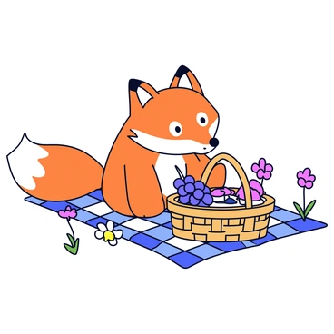 A cartoon fox with a bright orange coat and white underbelly is sitting on a checkered picnic blanket. The fox has large, curious eyes as it leans forward, inspecting a wicker basket filled with various grape-filled treats. The basket contains purple grapes, grape jelly, and grape tarts, all arranged neatly. Surrounding the picnic setup are a few wildflowers, adding a touch of color to the scene.