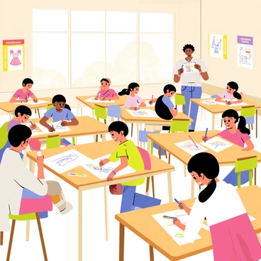 A classroom filled with children actively sketching their dream dress designs on white sheets of paper. The room is bright with colorful posters on the walls showcasing various fashion styles and design tips. Several wooden desks are arranged with groups of children, each focused on their own designs. Some kids are using colored pencils while others have markers to add vibrant details to their sketches. A teacher circulates, offering encouragement and feedback. Sunlight filters through the large windows, illuminating the creative atmosphere.
