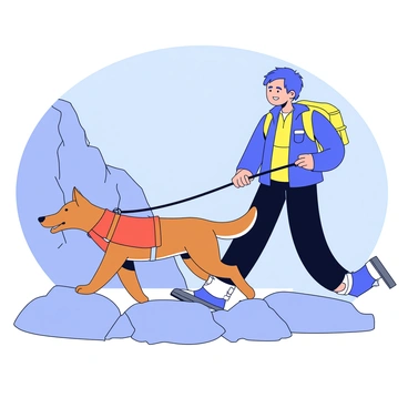 A rescue dog with a sleek, short-haired coat is wearing a bright orange vest that identifies it as a service animal. The dog is focused and alert, leading a person who is dressed in outdoor gear including a jacket and sturdy boots. The person is carefully navigating rocky terrain on a mountain, with a steep cliffside visible in the background. The scene is set under a clear blue sky, highlighting the determination of both the dog and the person as they work together in the rescue mission.