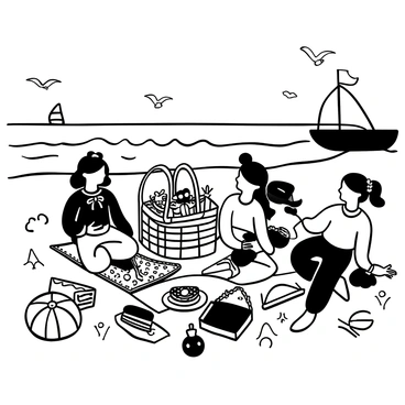 A girl in a "nautical-themed lolita outfit" is sitting on a patterned blanket spread out on the sand. Surrounding her are friends who are also dressed in playful, beach-appropriate outfits. The scene includes a large wicker picnic basket filled with various snacks and drinks. There are several plates with sandwiches and fruits arranged around them. A few beach towels are laid out nearby, and a colorful beach ball is partially buried in the sand. The ocean waves can be seen in the background, along with a distant sailboat on the horizon. Seagulls are flying above, and a soft breeze is indicated by the movement of the outfit's ribbons and bows.