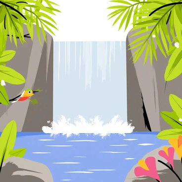 A waterfall cascading down rocky cliffs into a clear blue pool at the bottom. The water sparkles as it hits the surface, creating gentle ripples. Surrounding the pool, dense green jungle foliage featuring large leaves and vibrant flowers creates a lush environment. A few colorful tropical birds can be seen perched on the branches nearby, adding to the lively atmosphere. Sunlight filters through the leaves, creating dappled patterns on the ground.