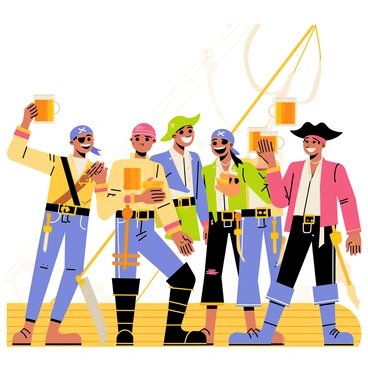 A group of pirates toasting with mugs of rum on deck, celebrating their adventures.