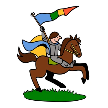 A triumphant knight on horseback, holding a banner as the sun sets