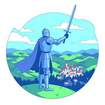 A brave knight in shining armor standing on a hill overlooking a vast kingdom