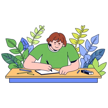 An artist sitting at a wooden table, focused on sketching. The artist has short brown hair and is wearing a green shirt. Surrounding the table are various species of ferns, each with different shades of green and leaf shapes. The table has several drawing tools, such as pencils and an open sketchbook. Sunlight filters through the leaves, creating a gentle play of light and shadow on the table.