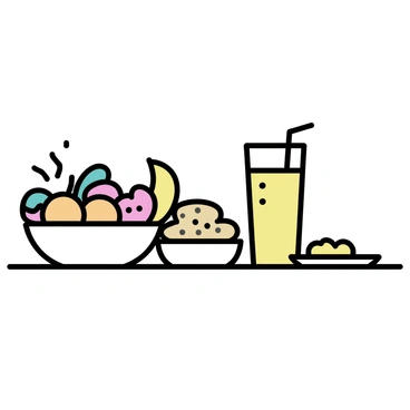 A breakfast table set with a white tablecloth. On the table, there are vibrant fruits including sliced oranges, strawberries, and bananas arranged in a bowl. There are small bowls filled with various grains, such as oats and granola. A tall glass of freshly squeezed orange juice sits beside the fruit bowl. A plate with toast is also placed on the table, with a small dish of butter next to it.