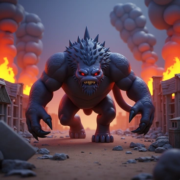 A large, menacing chaos beast with sharp claws and glowing red eyes is charging through a ruined village. The beast has dark, spiky fur, and its body is muscular and imposing, emphasizing its ferocity. The village is in disarray, with crumbling houses and debris scattered on the ground. In the background, flames rise high into the sky, casting an orange glow on the scene. Smoke billows from the burning structures, adding to the chaotic atmosphere. The sky is darkened by the smoke, highlighting the intensity of the destructive scene.