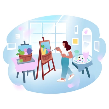 An artist painting a fruit basket on an easel in a sunlit studio