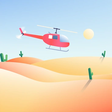 An RC helicopter with a bright red body and white rotor blades is flying above a series of vast sand dunes. The sand dunes have soft, golden ripples forming a textured pattern under the sunlight. The sky is clear blue, and the sun is shining brightly, casting long shadows on the dunes below. In the distance, there are a few scattered cacti, their green bodies standing out against the sandy landscape. The helicopter's rotors are in motion, creating a slight blur to convey speed as it hovers gracefully over the dunes.