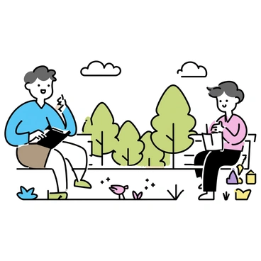 An artist sitting in a park sketching flat illustrations of people and nature around them.