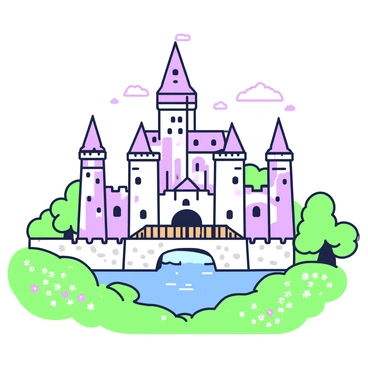 A grand medieval castle stands tall, featuring towering stone walls and multiple turrets with pointed roofs. Surrounding the castle is a wide moat, its water reflecting the structure. In front of the moat, lush green fields stretch out, filled with wildflowers and patches of grass. A stone bridge arches over the moat, leading to the castle's wooden drawbridge. The fields are dotted with scattered trees, enhancing the picturesque landscape. A clear sky above adds to the overall scene, highlighting the majestic presence of the castle.