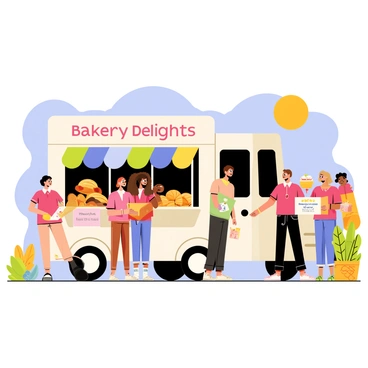 A bakery truck with a colorful exterior featuring "Bakery Delights" written in bold letters sits at a vibrant outdoor market. The truck's windows display an assortment of freshly baked pastries such as croissants, éclairs, and muffins. Customers of various ages and backgrounds line up eagerly in front of the truck, some holding boxes and bags. Brightly colored market stalls can be seen in the background, adorned with fruits, vegetables, and flowers. A clear blue sky and the warm sun create a cheerful atmosphere.