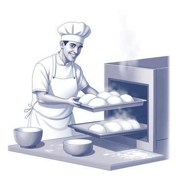 A baker stands in a kitchen, wearing a white apron and a chef's hat. He is pulling a large tray of freshly risen dough from a large oven, the steam rising from the tray. The baker has a broad smile on his face, reflecting his satisfaction with the success of the baking process. Surrounding him are various baking tools, such as mixing bowls and flour dust on the counter, creating an engaging and lively kitchen atmosphere.