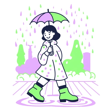 A girl is walking on a cobblestone path while holding an umbrella. The umbrella is open and features various patterns in different colors. She is wearing a light raincoat with a hood and rubber boots that splash gently in the puddles. Raindrops are falling from the sky, creating ripples in the water on the ground. The girl has a joyful expression as she strolls through the light rain, with her hair slightly dampened by the moisture. In the background, there are faint silhouettes of trees and buildings blurred by the rain.