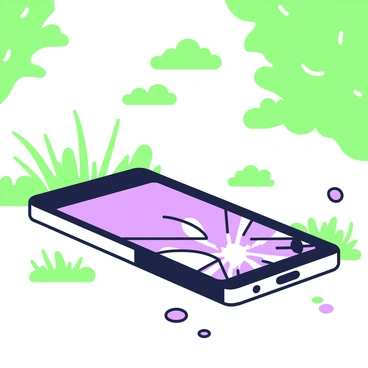 A smartphone lying on the ground with a shattered screen