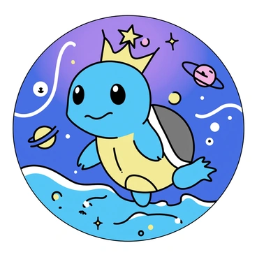 A happy Squirtle with a bright blue shell is swimming in a cosmic ocean filled with swirling stars and galaxies. The Squirtle is wearing a sparkling crown adorned with stars and planets, shining brightly above its head. The water around the Squirtle is a deep, vibrant blue with hints of purple and white, reflecting the cosmic lights. Bubbles are emerging from the Squirtle as it swims, adding to the lively atmosphere of the scene.