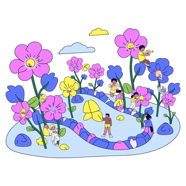 A garden filled with giant flowers in vibrant colors, such as shades of pink, blue, and yellow. The flowers have intricate petal designs and towering stems, creating a whimsical atmosphere. Tiny people with cheerful expressions are exploring the garden, some are climbing the stems while others are peeking into the petals. There are small pathways made of colorful stones winding through the garden, leading to different clusters of flowers. The sky above is clear and bright, enhancing the lively scene.