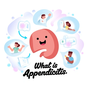 A large poster displays an informational layout about appendicitis, designed for children. The background features gradient pastel colors, creating a warm and inviting atmosphere. In the center, there is a friendly cartoon character, shaped like an organ, representing the appendix, with a cheerful expression. Surrounding the character are playful illustrations of smiling children engaging in various activities, such as playing and reading. Colorful arrows guide attention to key points about appendicitis, with simple diagrams showing the location of the appendix in the body. At the bottom, the text reads "What is Appendicitis?" in bold, inviting letters, encouraging young viewers to learn.