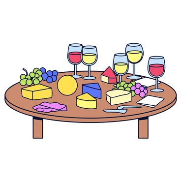 A sophisticated cheese and wine tasting setup on a wooden table. There are several types of cheeses arranged neatly, including a round brie, a wedge of sharp cheddar, and a block of blue cheese. Next to the cheeses, there are clusters of green and red grapes scattered artfully. Several clear wine glasses filled with red and white wine are placed on the table, reflecting the light. A few small cheese knives and napkins are also included in the setup, completing the elegant presentation.