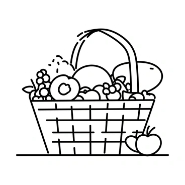 A large, woven basket is placed on a wooden surface, filled to the brim with an assortment of seasonal fruits. The basket contains ripe peaches with fuzzy skins, clusters of plump berries including strawberries and blueberries, and various melons, each with distinct textures and shapes. The arrangement of the fruits is vibrant, creating a visually appealing display. Some fruits are partially nestled into the basket's weave, while others are resting on the surface nearby, emphasizing the abundance of the harvest.