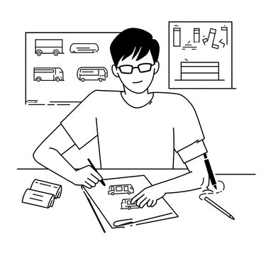 An industrial designer is sitting at a desk, focused on sketching concepts for a new bus model in a notebook. The designer, wearing a short-sleeved shirt and glasses, is holding a pencil in one hand while resting the elbow of his other arm on the desk. The notebook is open, displaying several bus sketches with varying designs. Around the desk, there are drafting tools such as a ruler and eraser. The background includes a few design books and an inspiration board with images of different vehicles.
