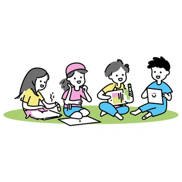 A group of four children sitting on the green grass. One child, a girl with long brown hair, is drawing with a bright yellow crayon. Beside her, a boy with short black hair is using blue markers to create a picture. Another girl, wearing a red hat, is sketching with green chalk, while the last child, a boy with glasses, is using a variety of colored pencils. Each child has their own small stack of paper filled with colorful illustrations spread around them.