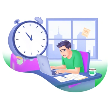 A modern pastel illustration featuring a clock positioned prominently, with the hands indicating a late hour and a small amount of time remaining, perhaps just before the hour. Below the clock, a person is depicted hurriedly typing on a laptop, surrounded by scattered papers and a coffee cup. The individual appears focused and slightly anxious, with their brow furrowed. In the background, a window shows a cityscape, suggesting a busy urban environment. The overall composition conveys a sense of urgency and determination.