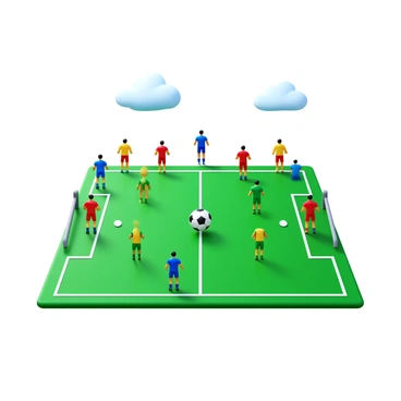 A soccer field with bright green grass and white boundary lines. Several players in colorful jerseys are actively running and moving around the field. The players are multiplying rapidly, increasing in number as they form teams. Each group of players wears different colored uniforms, with some wearing blue jerseys and others in red. The soccer ball is in the center of the field, being passed between players. The sky above is clear with a few fluffy clouds, providing good visibility for the game.