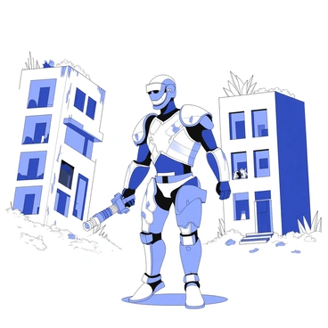 A survivor is standing in the center of a deserted city. They are wearing makeshift armor that is crafted from various scrap materials, including metal plates and pieces of fabric. The armor appears rugged and pieced together, showcasing an improvisational design. The survivor holds a weapon made from salvaged parts, ready for threats. In the background, abandoned buildings are crumbling, with broken windows and overgrown vegetation. The scene conveys a sense of isolation and resilience amidst the remnants of urban life.