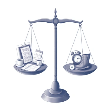 A scale is depicted in the center of the image. On one side of the scale, there are images representing routine, such as a neatly organized desk with a calendar, a coffee cup, and a clock showing a specific time. On the other side, there are images symbolizing spontaneity, including a pair of hiking boots, a compass, and an open road leading into the distance. The scale is balanced, demonstrating the harmony between these two aspects of life. The background contains subtle details that enhance the theme of balance without overwhelming the main focus.