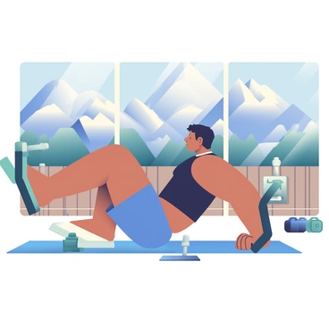 A person with tanned skin and black hair is performing chest dips at a gym located in a mountain retreat. They are wearing a fitted black tank top and blue athletic shorts. The gym has large glass windows that provide a stunning view of towering snow-capped peaks in the background. The person is focused and has their arms extended, showcasing their muscles as they lower and raise their body. Nearby, there are exercise mats and a few weights scattered around. The gym interior is well-lit and has wooden accents, complementing the natural scenery outside.