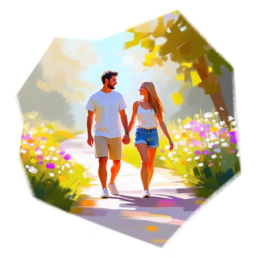 A couple walking hand in hand along a winding path. The path is bordered by lush green hedges and vibrant wildflowers in various colors, including purples, yellows, and whites. The couple consists of a man with short brown hair and a woman with long blonde hair, both wearing casual summer attire. Sunlight filters through the leaves overhead, casting gentle shadows on the ground as they stroll together, smiling at each other. The scene conveys a sense of closeness and tranquility.