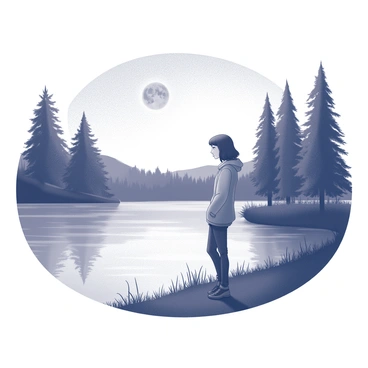A person is standing beside a lake under the moonlight. The surface of the water is calm and smooth, reflecting the silhouette of the person. The individual is dressed in casual attire and has their hands in their pockets, gazing thoughtfully at the water. Surrounding the lake, there are tall trees with dark outlines against the night sky. The moon hangs low, casting a gentle light on the scene, illuminating the tranquil setting.