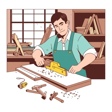 A carpenter with a focused expression is using a yellow saw to cut through a white piece of wood. The workshop is cluttered with various tools scattered around, including hammers, screws, and measuring tapes. In the background, there are wooden shelves filled with additional lumber and partially completed projects. Dust particles are visible in the air, illuminated by the light coming from a window above. The carpenter is wearing a teal apron, and there is a small pile of wood shavings accumulating beneath the cutting area.