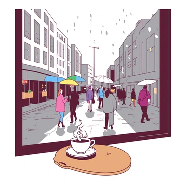 A rainy city street view is visible through a café window. The window is adorned with small water droplets clinging to the glass, distorting the scene beyond. Outside, people with colorful umbrellas are walking along the wet pavement. Buildings line the street, reflecting the grey sky above. In the foreground, the warm interior of the café is softly illuminated, with a table set against the window. A steaming cup of coffee sits on the table, creating a cozy atmosphere amidst the rainy backdrop.