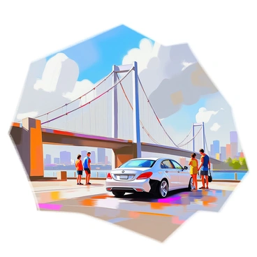 A suspension bridge spans across a wide river, with a scenic city view in the background. The bridge features tall, slender towers and thick cables supporting it. A small car is positioned near the center of the bridge, with its rear fender slightly damaged. Nearby, a couple of pedestrians are stopping to look at the car, showing concern. In the distance, the city skyline is visible, with several tall buildings and a clear blue sky overhead, accented by a few fluffy clouds. The vibrant colors of the city create a striking contrast against the neutral tones of the bridge.