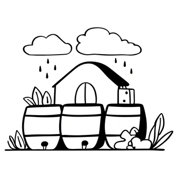 A series of barrels positioned under a sloped rooftop, designed to collect rainwater. The barrels are arranged in a line, each with a spout at the bottom. Water flows from the rooftop into a downspout that directs the rainwater into the first barrel. The scene includes raindrops falling from a cloudy sky above, emphasizing the collection process. Surrounding the barrels, there are patches of grass and a few small plants growing nearby, illustrating an eco-friendly setup.