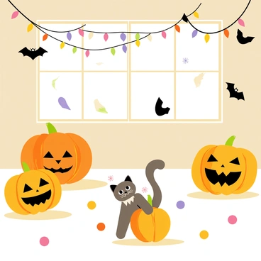 A cartoon-style illustration of a cozy indoor space decorated for a Halloween party. Several bright orange pumpkins with carved faces are scattered around the room. Colorful string lights and spooky decorations, like ghostly figures and hanging bats, adorn the walls. In the center, a cute cat with fluffy fur and large eyes playfully bats at a small, round pumpkin. The floor is covered with candy scattered about, adding to the festive atmosphere.