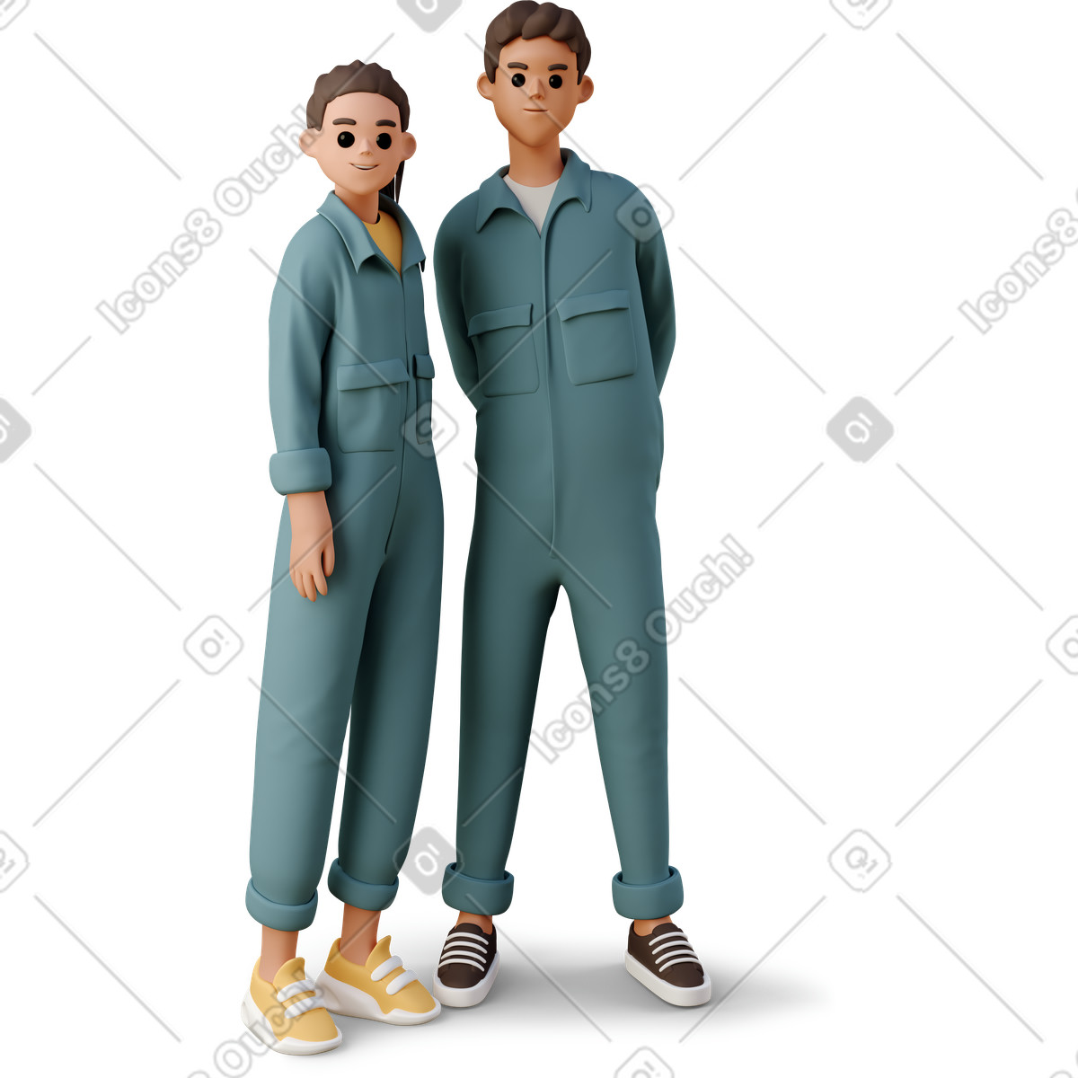 Ilustración Boy and girl in the worker jumpsuits en estilo 3D Casual life a descargar en PNG y SVG