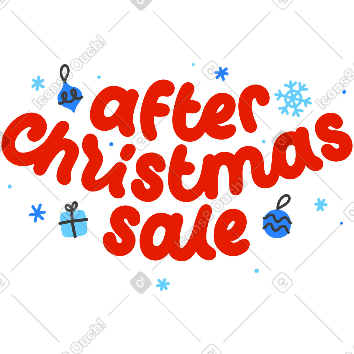 Lettering after christmas sale with baubles and snowflakes text illustration in style download in PNG, SVG