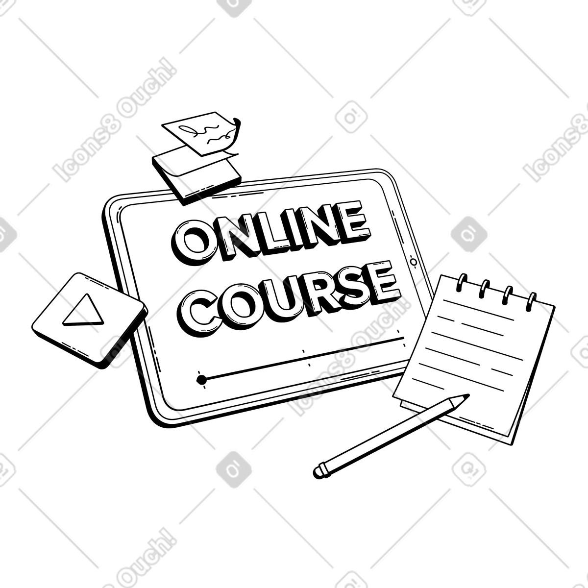 Online course content on device, study setup for digital education animated illustration in 3D Techny Line style download in GIF, Lottie (JSON), AE