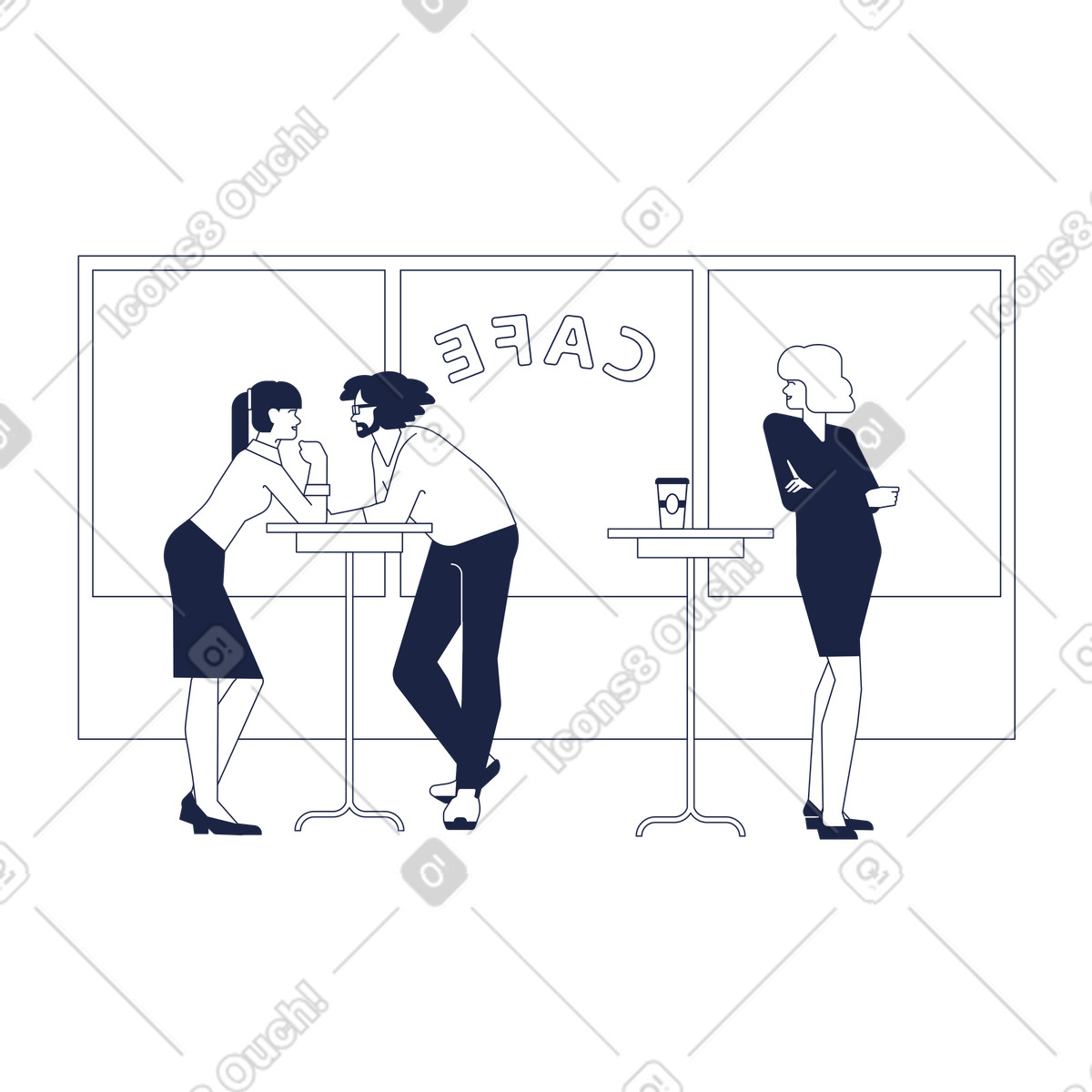 Jealous cafe customer looking at flirting couple on a date illustration in Urban Line style download in PNG, SVG