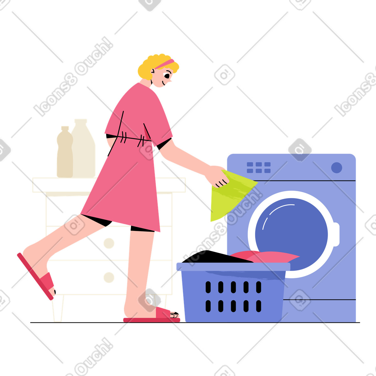 Doing laundry at home, household routine and chores illustration in Juicy style download in PNG, SVG