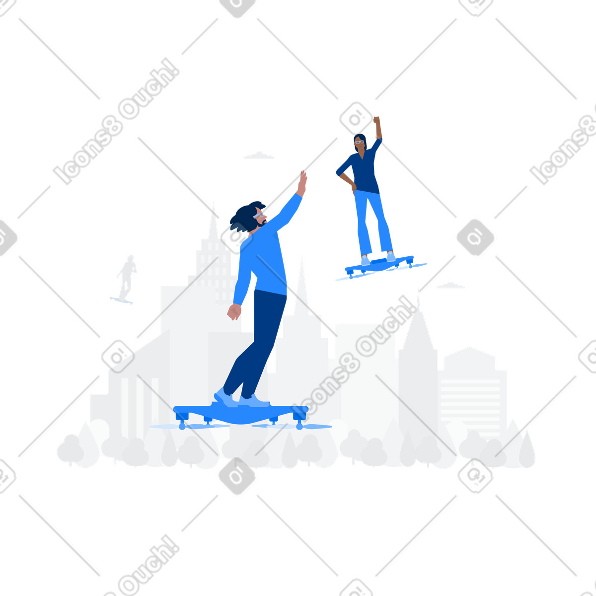 Urban commuters riding hoverboard drones, Futuristic transportation illustrazione in stile scarica in PNG, SVG