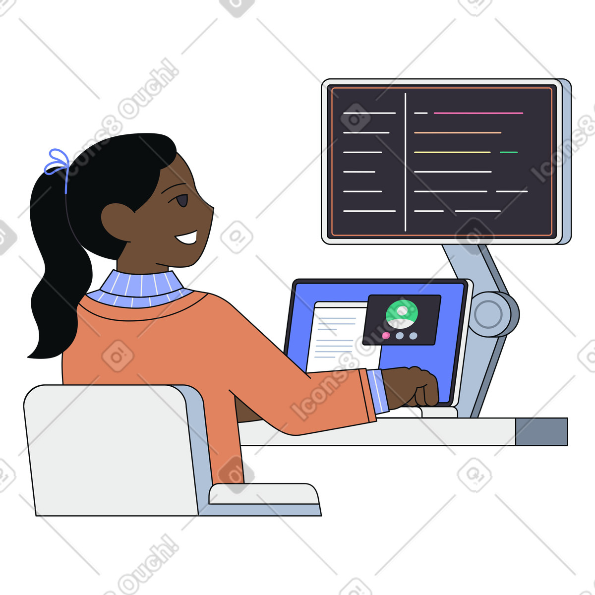 Developer sharing code on video call, remote team collaboration, agile software development illustration in PNG, SVG