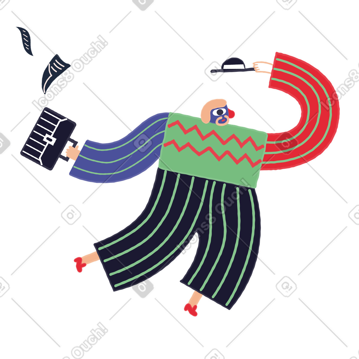 Ilustración Businessman running in a hurry with documents falling out of the briefcase en estilo Stripy descargar en PNG y SVG
